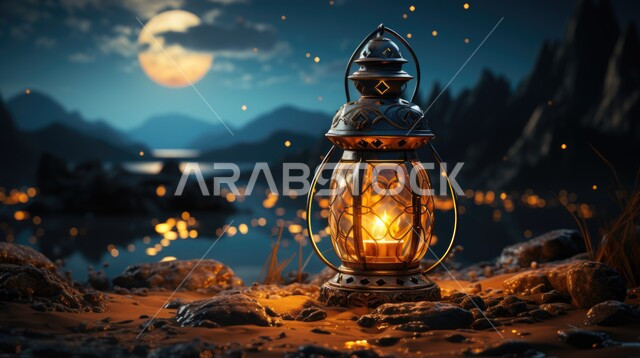زينة و إضاءة الاعياد والمناسبات الدينية، الاستعداد لاستقبال شهر رمضان المبارك، فانوس معدني مزخرف مضيء وسط المرتفعات والقمم والتشكلات الصخرية في المملكة العربية السعودية