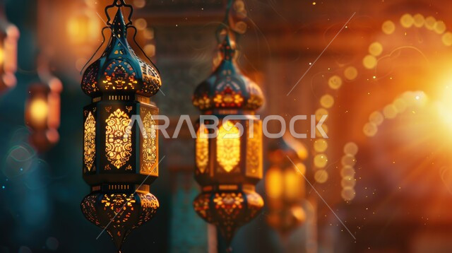 تحف وأنوار وديكورات على الطراز العربي الإسلامي، المصابيح المضيئة المعلقة، فوانيس عربية تقليدية معدنية مزخرفة، إضاءة وزينة رمضان المبارك، الإحتفال بقدوم شهر الخير والبركة، أجواء رمضانية روحانية دينية