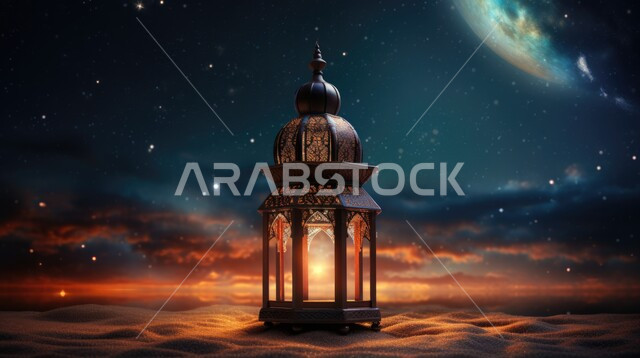 زينة و إضاءة الاعياد والمناسبات الدينية، الاستعداد لاستقبال شهر رمضان المبارك، فانوس معدني مزخرف مضيء وسط الرمال، الكثبان الرملية والبيئة الصحراوية في المناطق البرية في المملكة العربية السعودية
