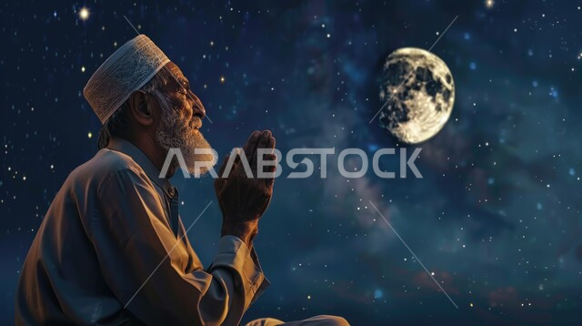 الصلاة والتقرب من الله تعالى، صورة  مقربة لرجل مسن عربي خليجي سعودي يقوم بالدعاء وقت الليل، التوبة والرجوع الى الله بالعمل الصالح، الإجتهاد بالعبادة والطاعة في شهر رمضان المبارك