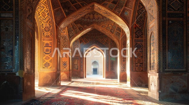 التصاميم والديكورات الداخلية الأنيقة للمساجد، مفهوم العبادة والتقرب إلى الله تعالى, الفن الهندسي المعماري لمسجد عربي عريق، النقوش والزخارف للاعمدة والاقواس على الطراز الاسلامي