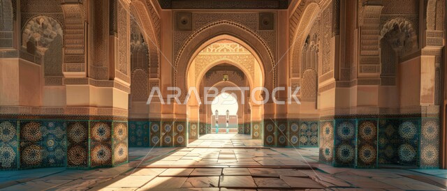 التصاميم والديكورات الداخلية الأنيقة للمساجد، مفهوم العبادة والتقرب إلى الله تعالى, الفن الهندسي المعماري لمسجد عربي عريق، النقوش والزخارف للاعمدة والاقواس على الطراز الاسلامي