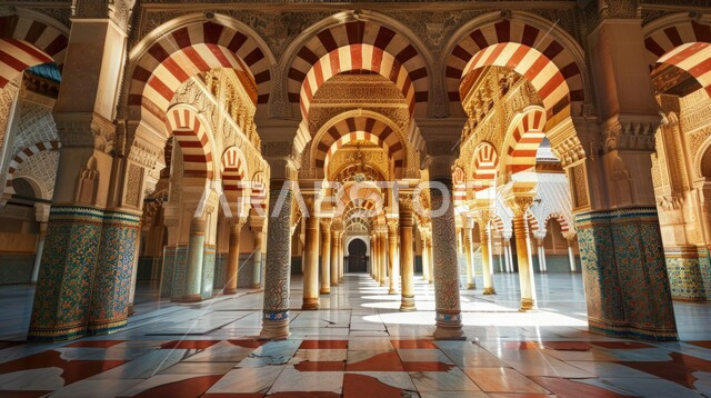 التصاميم والديكورات الداخلية الأنيقة للمساجد، مفهوم العبادة والتقرب إلى الله تعالى, الفن الهندسي المعماري لمسجد عربي عريق، النقوش والزخارف للاعمدة والاقواس على الطراز الاسلامي