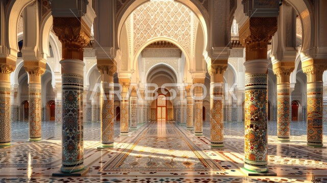  مفهوم العبادة والتقرب إلى الله تعالى, الفن الهندسي المعماري لمسجد عربي عريق، النقوش والزخارف للاعمدة والاقواس على الطراز الاسلامي، التصاميم والديكورات الداخلية الأنيقة للمساجد