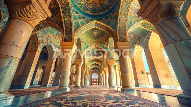 The concept of worship and drawing closer to God Almighty, the architectural engineering art of an ancient Arab mosque, the engravings and decorations of the columns and arches in the Islamic style, the elegant interior designs and decorations of mosques