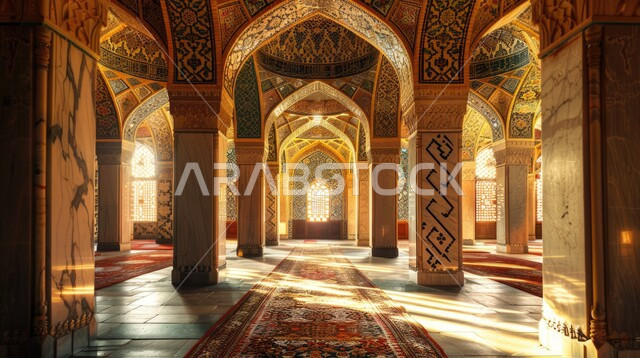 مفهوم العبادة والتقرب إلى الله تعالى, الفن الهندسي المعماري لمسجد عربي عريق، النقوش والزخارف للاعمدة والاقواس على الطراز الاسلامي، التصاميم والديكورات الداخلية الأنيقة للمساجد