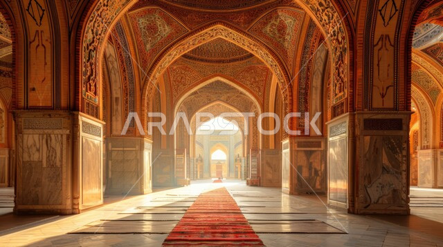 مفهوم العبادة والتقرب إلى الله تعالى, الفن الهندسي المعماري لمسجد عربي عريق، النقوش والزخارف للاعمدة والاقواس على الطراز الاسلامي، التصاميم والديكورات الداخلية الأنيقة للمساجد