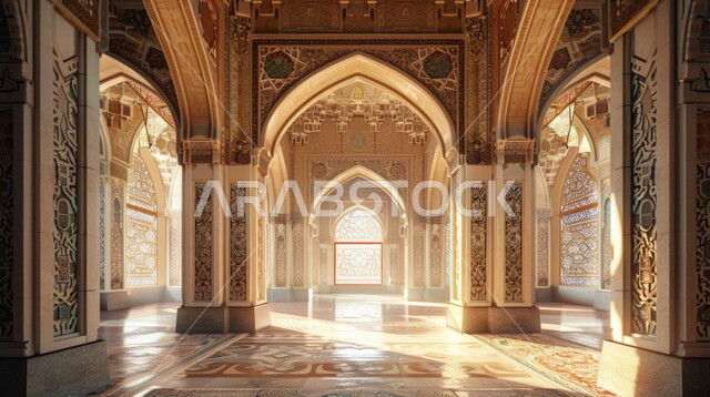  مفهوم العبادة والتقرب إلى الله تعالى, الفن الهندسي المعماري لمسجد عربي عريق، النقوش والزخارف للاعمدة والاقواس على الطراز الاسلامي، التصاميم والديكورات الداخلية الأنيقة للمساجد
