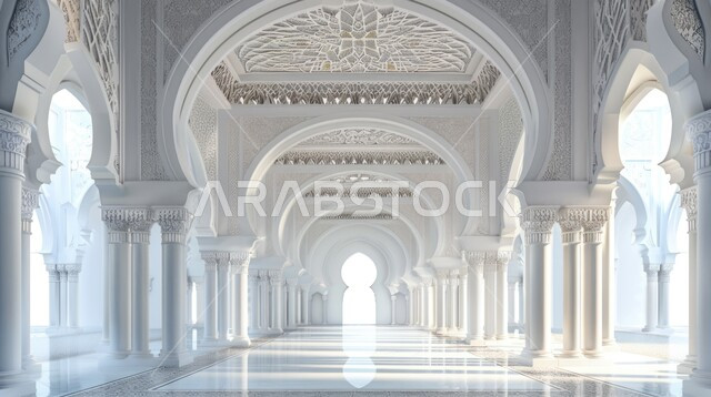 النقوش والزخارف للاعمدة والاقواس على الطراز الاسلامي، مفهوم العبادة والتقرب إلى الله تعالى, الفن الهندسي المعماري لمسجد عربي عريق، التصاميم والديكورات الداخلية الأنيقة للمساجد باللون الأبيض