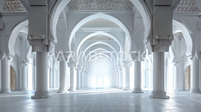 النقوش والزخارف للاعمدة والاقواس على الطراز الاسلامي، مفهوم العبادة والتقرب إلى الله تعالى, الفن الهندسي المعماري لمسجد عربي عريق، التصاميم والديكورات الداخلية الأنيقة للمساجد باللون الأبيض