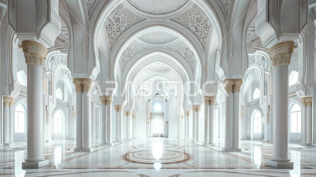 النقوش والزخارف للاعمدة والاقواس على الطراز الاسلامي، مفهوم العبادة والتقرب إلى الله تعالى, الفن الهندسي المعماري لمسجد عربي عريق، التصاميم والديكورات الداخلية الأنيقة للمساجد باللون الأبيض