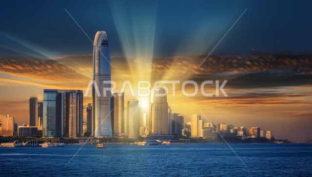 النمو والتطور العمراني للأبراج وناطحات السحاب المطلة على ساحل البحر الأحمر, الواجهة البحرية في المملكة العربية السعودية وقت الغروب, معالم وأماكن سياحية مشهورة, المناظر الطبيعية المائية، مناطق جذب الزوار إلى مدينة جدة الساحلية