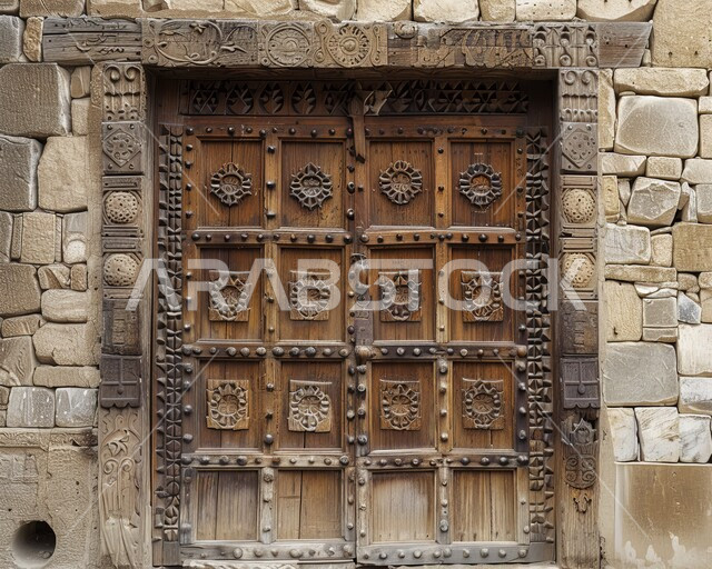 باب خشبي منحوت بالنقوش والزخارف التراثية، الهندسة الفنية المعمارية للعمارات القديمة، قرى وأحياء سكنية شعبية في المملكة العربية السعودية، المنازل المبنية على الطراز الطيني القديم