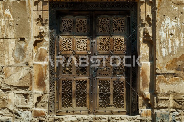 الهندسة الفنية المعمارية للعمارات القديمة، قرى وأحياء سكنية شعبية في المملكة العربية السعودية، المنازل المبنية على الطراز الطيني القديم، باب خشبي منحوت بالنقوش والزخارف التراثية