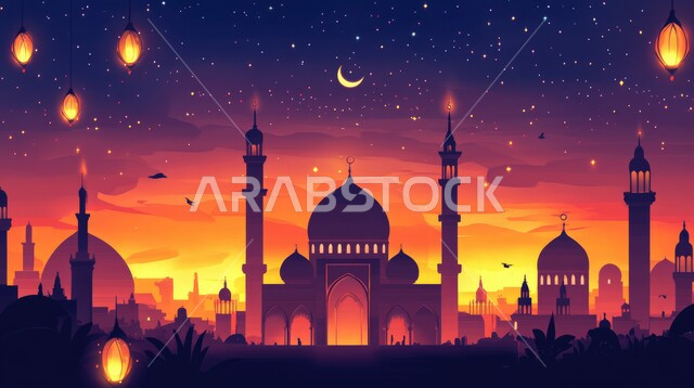 الديكورات والفوانيس للاحتفال واستقبال الأعياد والمناسبات الدينية ، مجسمات لمسجد وقبب ومآذن مضاءة في الليل، ديكورات وتصاميم على الطراز العربي الإسلامي، العبادة والتقرب إلى الله، آداء الفرائض والصلوات، هلال شهر رمضان المبارك، الفن الهندسي المعماري للمساجد