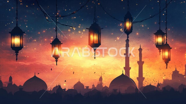 الديكورات والفوانيس للاحتفال واستقبال الأعياد والمناسبات الدينية ، مجسمات لمسجد وقبب ومآذن مضاءة في الليل، ديكورات وتصاميم على الطراز العربي الإسلامي، العبادة والتقرب إلى الله، آداء الفرائض والصلوات، هلال شهر رمضان المبارك، الفن الهندسي المعماري للمساجد