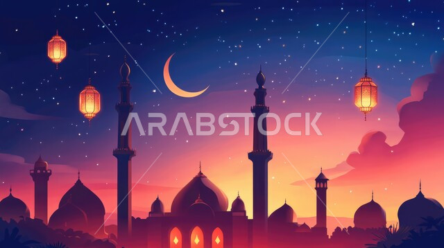 الديكورات والفوانيس للاحتفال واستقبال الأعياد والمناسبات الدينية ، مجسمات لمسجد وقبب ومآذن مضاءة في الليل، ديكورات وتصاميم على الطراز العربي الإسلامي، العبادة والتقرب إلى الله، آداء الفرائض والصلوات، هلال شهر رمضان المبارك، الفن الهندسي المعماري للمساجد