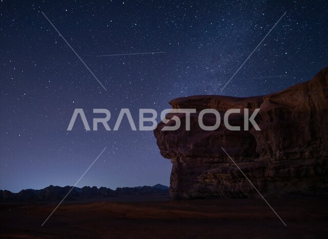 Desert areas in the wilderness at night, ancient historical monuments, famous tourist places in the Kingdom of Saudi Arabia, desert nature reserves, mountain ranges and rock formations and formations