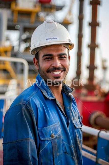 تحقيق الثورة الصناعية، معامل ومصانع سعودية، العمل في القطاع الصناعي، صورة مقربة لمهندس عربي خليجي سعودي يرتدي بدلة زرقاء وخوذة الحماية، مهن وأعمال هندسية شبابية، الوقوف بثقة والنظر إلى الكاميرا