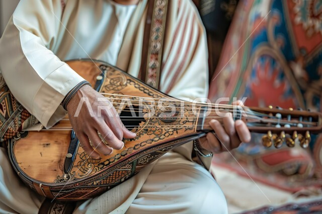 ممارسة هواية العزف باستخدام آلة العود، مواهب فنية موسيقية، صورة مقربة لأيدي رجل خليجي سعودي عربي فنان يقدم البرامج والفنون الموسيقية والفن المسرحي، الإستمتاع بالعزف على الآلات الوترية الكلاسيكية، جلسة وناسة وطرب