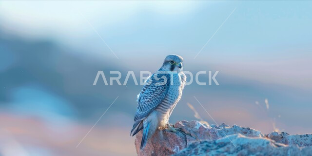 رمز القوة والتحدي وحدة البصر، تدريب وترويض الطيور الجارحة والمفترسة، الفخر بالتراث السعودي العريق، إقامة نادي الصقور في موسم الصيد السنوي في المملكة العربية السعودية، صورة مقربة لطائر الصقر يقف على أحد الصخور في إحدى المحميات الطبيعيه
