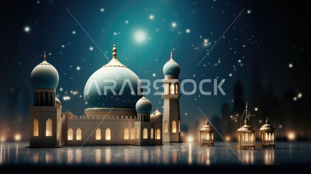 رسوم توضيحية لمسجد عريق مضيئ في وقت الليل، الأماكن والمعالم الدينية الإسلامية، الفن الهندسي المعماري على الطراز الحديث للمساجد، العبادة والتقرب إلى الله تعالى، الديكورات والتصاميم العصرية للمآذن والقبب