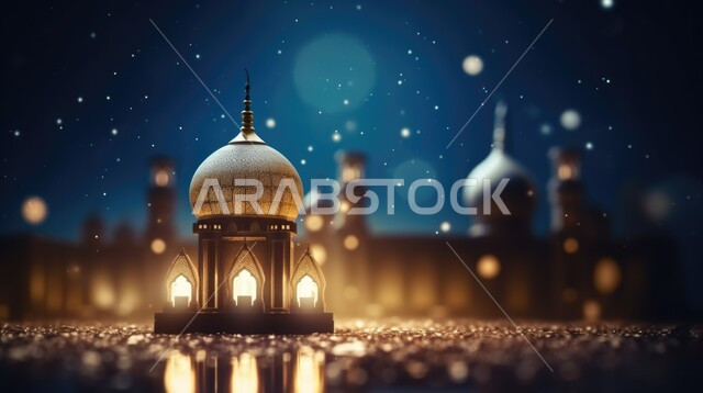 رسوم توضيحية لمسجد عريق مضيئ في وقت الليل، الأماكن والمعالم الدينية الإسلامية، الفن الهندسي المعماري على الطراز الحديث للمساجد، العبادة والتقرب إلى الله تعالى، الديكورات والتصاميم العصرية للمآذن والقبب