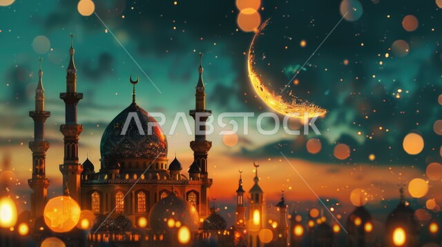Illustrations of an ancient mosque illuminated at night, Islamic religious places and landmarks, modern architectural art of mosques, worship and getting closer to Allah Almighty, modern decorations and designs of minarets and domes