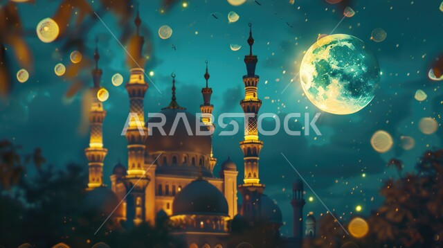 رسوم توضيحية لمسجد عريق مضيئ في وقت الليل، الأماكن والمعالم الدينية الإسلامية، الفن الهندسي المعماري على الطراز الحديث للمساجد، العبادة والتقرب إلى الله تعالى، الديكورات والتصاميم العصرية للمآذن والقبب