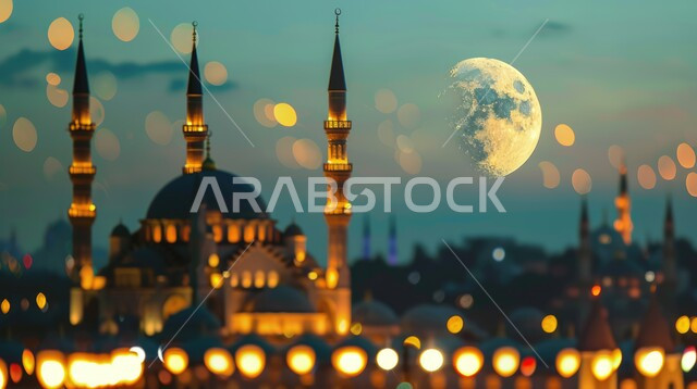 رسوم توضيحية لمسجد عريق مضيئ في وقت الليل، الأماكن والمعالم الدينية الإسلامية، الفن الهندسي المعماري على الطراز الحديث للمساجد، العبادة والتقرب إلى الله تعالى، الديكورات والتصاميم العصرية للمآذن والقبب