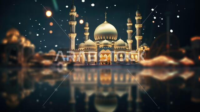 رسوم توضيحية لمسجد عريق مضيئ في وقت الليل، الأماكن والمعالم الدينية الإسلامية، الفن الهندسي المعماري على الطراز الحديث للمساجد، العبادة والتقرب إلى الله تعالى، الديكورات والتصاميم العصرية للمآذن والقبب