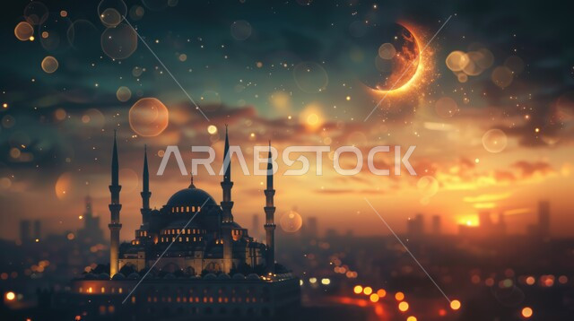 رسوم توضيحية لمسجد عريق مضيئ في وقت الليل، الأماكن والمعالم الدينية الإسلامية، الفن الهندسي المعماري على الطراز الحديث للمساجد، العبادة والتقرب إلى الله تعالى، الديكورات والتصاميم العصرية للمآذن والقبب