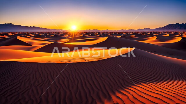  الهضاب والتلال الرملية في البيئة الصحراوية وقت غروب الشمس، الكثبان والرمال الذهبية الناعمة في صحراء المملكة العربية السعودية، خلفية الطبيعة