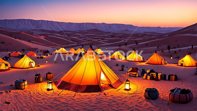 Calm atmosphere in front of illuminated metal lanterns, youth adventures and wild outings, popular tents in desert areas, nature and soft golden sand, tourist camps in the deserts of the Kingdom of Saudi Arabia