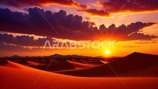  الهضاب والتلال الرملية في البيئة الصحراوية وقت غروب الشمس، الكثبان والرمال الذهبية الناعمة في صحراء المملكة العربية السعودية، خلفية الطبيعة