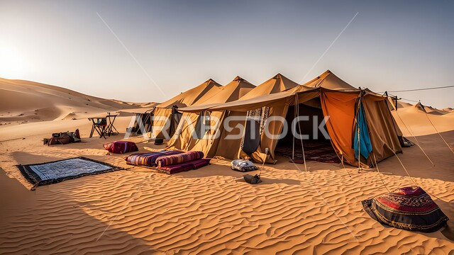 The concept of desert life in the middle of the desert, adventures and wild outings at sunset, popular tents in the desert areas of the Kingdom of Saudi Arabia, natural background