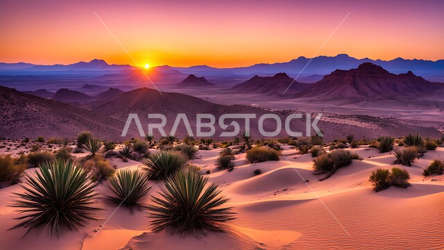 البيئة الرملية وقت غروب الشمس، الهضاب والتلال في المناطق الطبيعية الصحراوية، الرمال الذهبية الناعمة والكثبان في صحراء المملكة العربية السعودية، نمو النباتات البرية في الصحاري، خلفية الطبيعه