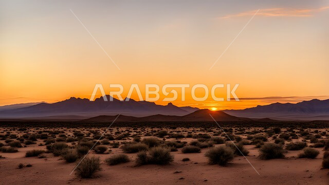 نمو النباتات البرية في الصحاري، البيئة الرملية وقت غروب الشمس، الهضاب والتلال في المناطق الطبيعية الصحراوية، الرمال الذهبية الناعمة والكثبان في صحراء المملكة العربية السعودية, خلفية الطبيعه