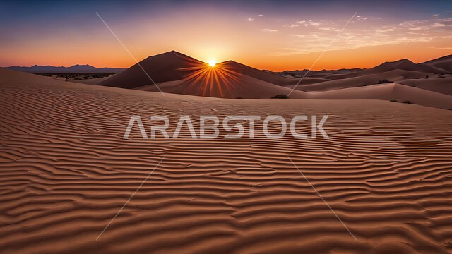 Sand dunes and hills in desert environment at sunset, dunes and soft golden sand in the desert of Saudi Arabia, nature background