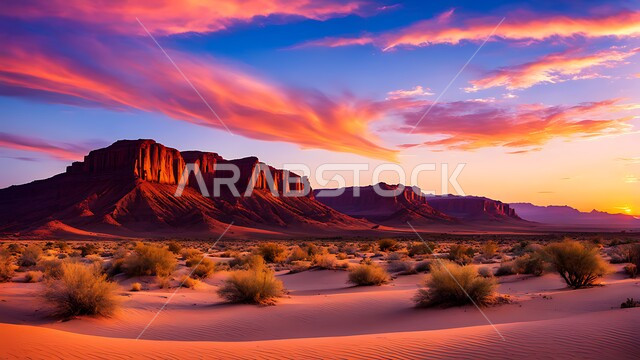 نمو النباتات البرية في الصحاري، البيئة الرملية وقت غروب الشمس، التكوينات والتشكيلات الصخرية، الكثبان الرملية وحياه البادية في صحراء المملكة العربية السعودية, خلفية الطبيعه