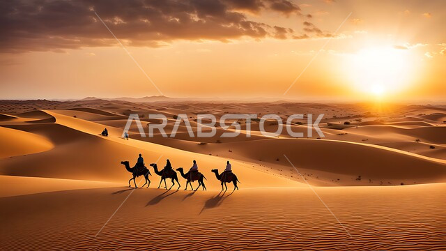 A group of camels walking in the middle of the desert at sunset, desert nature in the Kingdom of Saudi Arabia, raising animals and camels in the desert, sand dunes and desert life, natural background