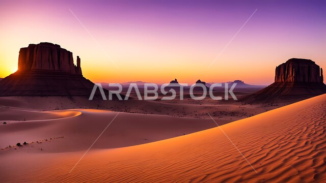 Natural rock formations and formations in desert areas, mountain peaks and heights in the Kingdom of Saudi Arabia, soft golden sand and dunes in the middle of the desert, natural background