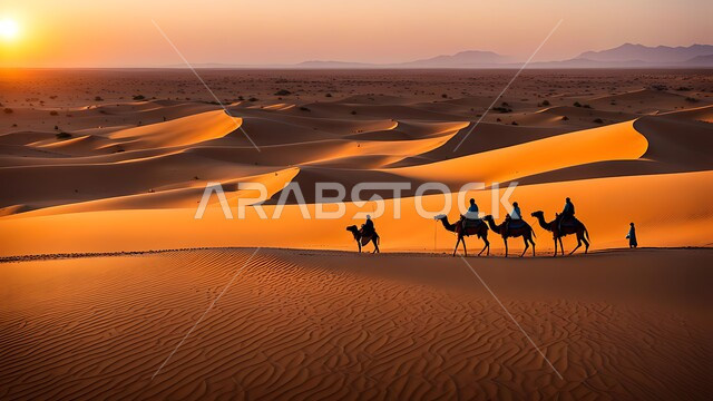 Animal husbandry and camels in the desert, a group of camels walking in the middle of the desert at sunset, desert nature in the Kingdom of Saudi Arabia, sand dunes and desert life, natural background