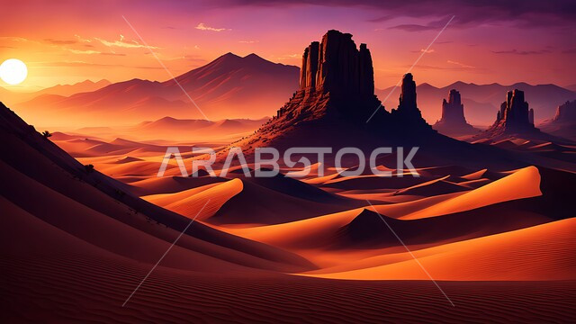 القمم والمرتفعات الجبلية في المملكة العربية السعودية، التكوينات والتشكيلات الصخرية الطبيعية في المناطق الصحراوية، الرمال الذهبية الناعمة والكثبان في وسط الصحراء وقت غروب الشمس، خلفية طبيعية