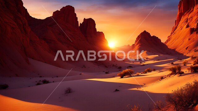 المرتفعات الجبلية في المملكة العربية السعودية وقت غروب الشمس، التكوينات والتشكيلات الصخرية الطبيعية في المناطق الصحراوية، الرمال الذهبية الناعمة والكثبان في وسط الصحراء، خلفية طبيعية