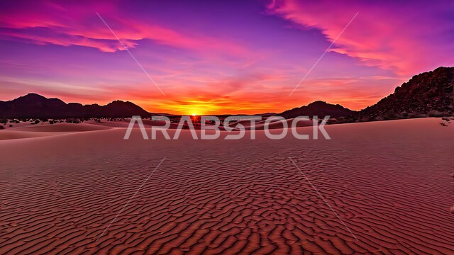 منظر غروب الشمس على التضاريس الصحراوية، الرمال الذهبية الناعمة والكثبان الرملية في وسط الصحراء، الطبيعة الصحراوية في المملكة العربية السعودية، خلفية طبيعية