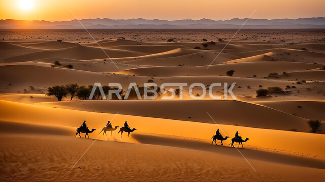 A group of camels walking in the middle of the desert at sunset, desert nature in the Kingdom of Saudi Arabia, raising animals and camels in the desert, sand dunes and desert life, natural background