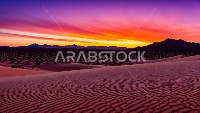 التكوينات والتشكلات الرملية في صحراء المملكة العربية السعودية، غروب الشمس فوق مناطق البادية والبيئة الطبيعية الصحراوية، نمو النباتات البرية في الصحاري، خلفية طبيعية