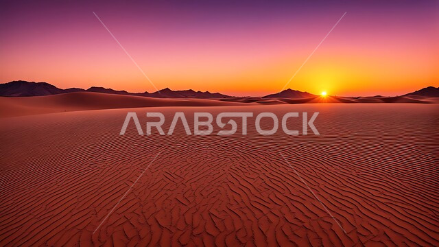 الرمال الذهبية الناعمة والكثبان الرملية في وسط الصحراء، الطبيعة الصحراوية في المملكة العربية السعودية، منظر غروب الشمس على التضاريس الصحراوية، خلفية طبيعية