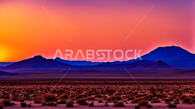  نمو النباتات البرية في الصحاري، التكوينات والتشكلات الرملية في صحراء المملكة العربية السعودية، غروب الشمس فوق مناطق البادية والبيئة الطبيعية الصحراوية، خلفية طبيعية